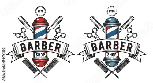 Two barber shop logos with crossed scissors and razors on a white background, featuring red, white, and blue color schemes.