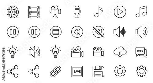 Digital Media, Playback & UI Interface Thin Line Icons Set. Audio, Video, Web & App Control Outline Symbols Collection.