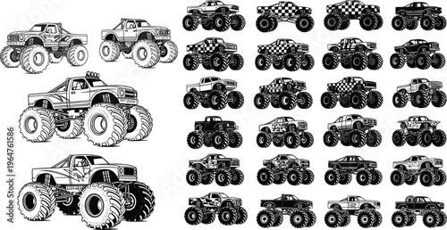 Silhouette of Monster Trucks in Various Designs and Poses for Off-Road Racing, Stunt, and Automotive Illustration Projects