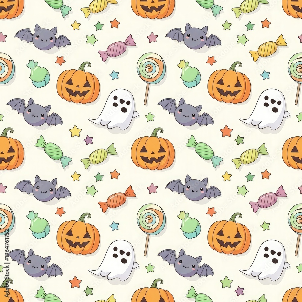 Fototapeta premium Halloween pattern with pumpkins bats ghosts and candy for spooky fun