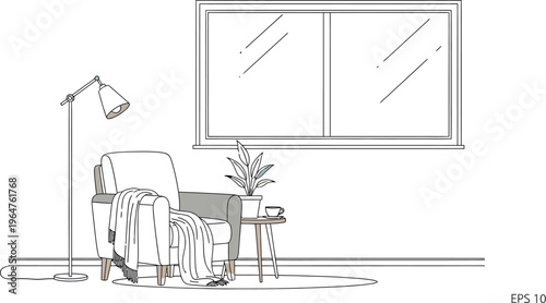 Minimalist cozy reading nook illustration featuring a comfortable armchair beside a bright window and an illuminated floor lamp