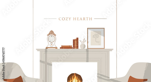 A charming illustrated cozy living room interior featuring a warm fireplace and elegantly decorated mantelpiece with a vintage clock, books, and framed artwork, bathed in soft sunlight.