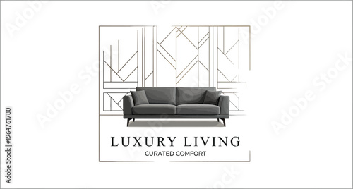 Elegant gray modern sofa with decorative pillows stands on dark wooden legs in a luxurious minimalist living room interior with geometric wall art.