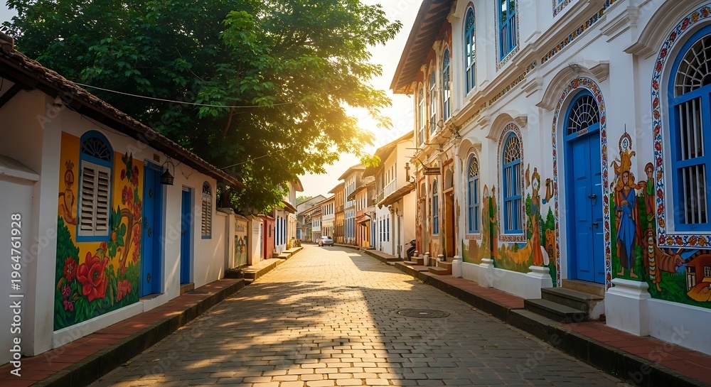 Fototapeta premium Cobblestone street lined with vibrant, painted buildings bathed in sunlight