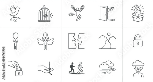 Abstract line icons depicting concepts of freedom, release, overcoming challenges, personal growth, new opportunities, and the power of innovative thinking and self-discovery.
