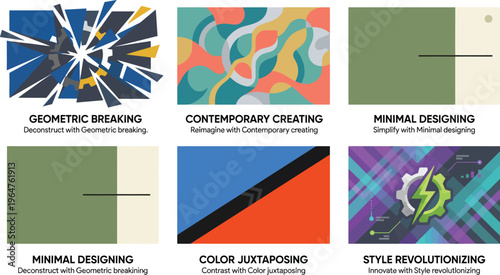 Abstract graphic compositions feature geometric breaking, contemporary shapes, and minimalist color blocking.