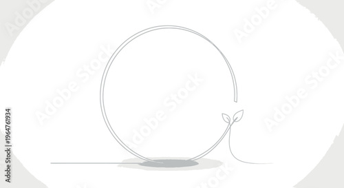 Minimalist continuous line drawing forms an incomplete circle symbolizing environmental renewal and organic growth starting from a simple sprout.