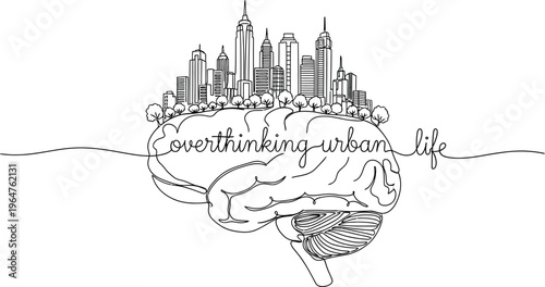 Unique continuous line art illustrates a human brain supporting a vibrant cityscape, visually expressing the prevalent concept of overthinking urban life and its psychological challenges.