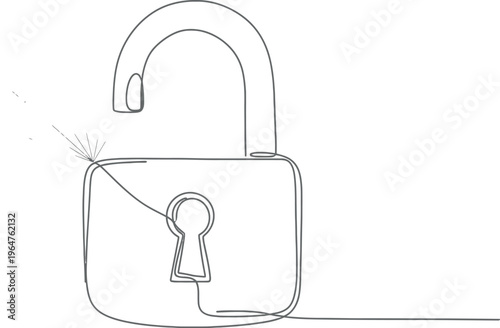 Continuous line art illustration of an unlocked padlock, representing concepts of security, freedom, privacy, solutions, and new opportunities in a clean, modern graphic design.