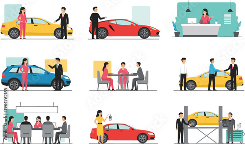 Car dealership vector set featuring auto sales showroom business negotiations vehicle maintenance and customers buying new sports cars.