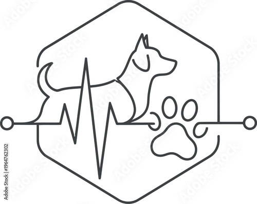 Minimalist line art logo design featuring a stylized dog, an electrocardiogram heartbeat pulse, and a paw print within a modern hexagonal shape, ideal for veterinary clinics.