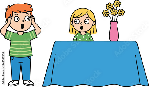 Cartoon children with surprised expressions in colorful vector illustration of childhood emotions and playful lifestyle