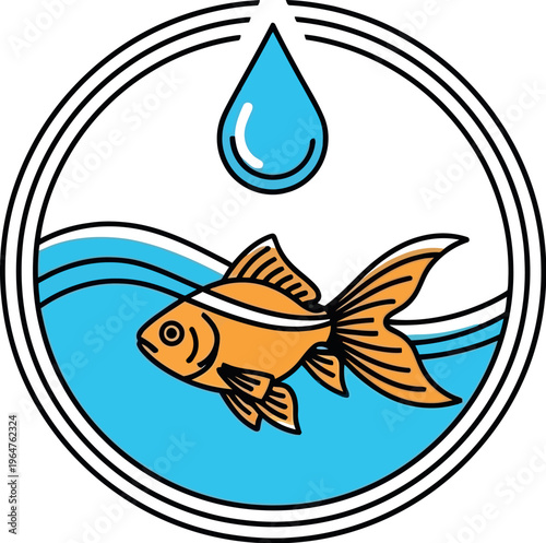 Stylized illustration of a vibrant orange goldfish swimming gracefully in clear blue water, neatly enclosed within a decorative circular frame, with a single sparkling water droplet hovering above.