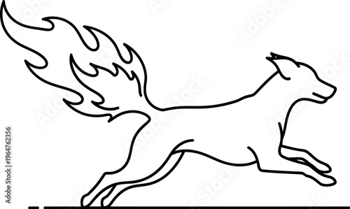 Dynamic continuous line art illustration depicting a swift running fox with a vibrant, fiery tail, symbolizing speed, energy, and mythical agility on a clean white background.