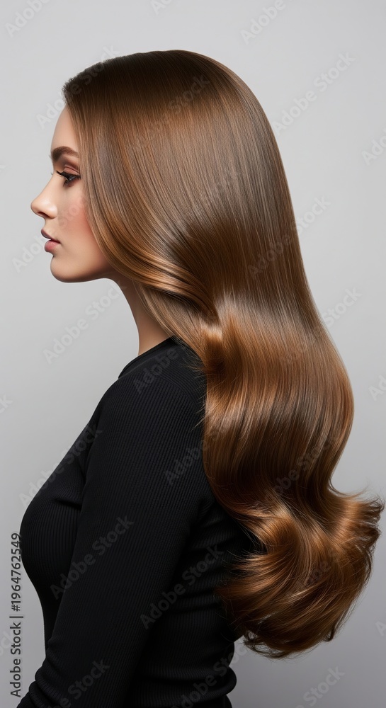 Fototapeta premium Elegant side profile of a beautiful young woman showcasing her luxurious, long, wavy brunette hair, styled with radiant shine and healthy vitality, emphasizing beauty and professional hair care