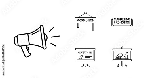 Marketing and Promotion Icons Set. Line Art Advertising, Communication, and Business Strategy Symbols.