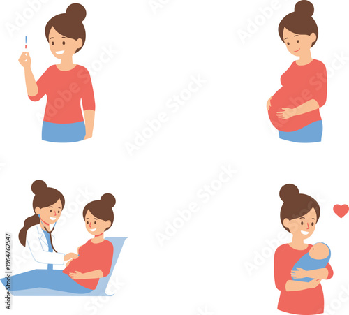 Cartoon pregnancy and motherhood stages in colorful vector illustration of maternal care, prenatal checkup, and baby love