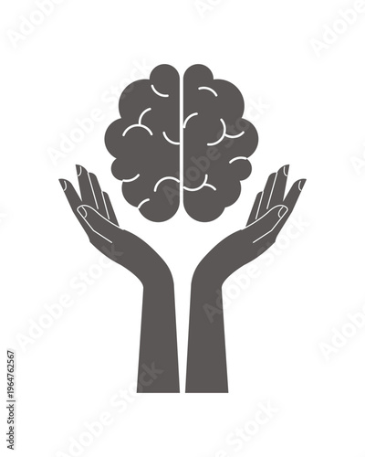 Mental health. Logo. Icon. Human brain and hands. Taking care of brain health.
