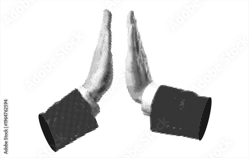 High Five Hands. Halftone retro hands giving each other five. Paper cutout elements. Trendy vintage newspaper parts. Make a deal. Successful agreement. Teamwork concept. Business success