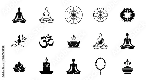 Yoga and Meditation Icons Set. Spiritual Wellness Symbols for Mindfulness, Inner Peace, Calm, and Balance. Om, Lotus, Poses.