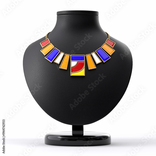 An unusual necklace made of bronze and enamel on a leather stand in the form of a bust on a white background. Suprematist style. Jewelry showcase. 3d rendering.