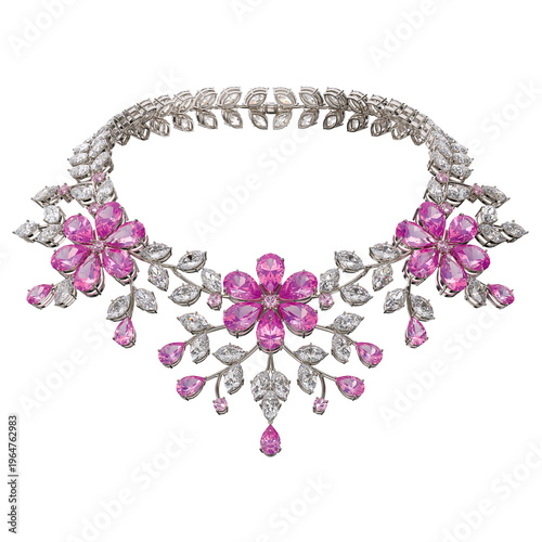 An elegant necklace of diamonds and rubellites in the shape of cherry blossoms on an isolated transparent background. Japanese style. Jewelry showcase. 3d rendering.