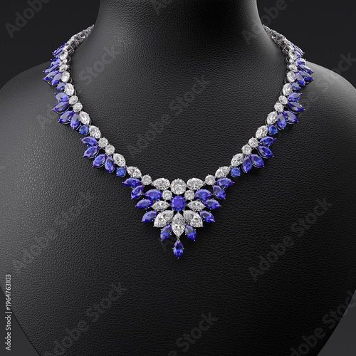 A luxurious necklace of diamonds and blue sapphires on a leather bust stand. Close-up. Jewelry showcase. Frontal view. 3d rendering.