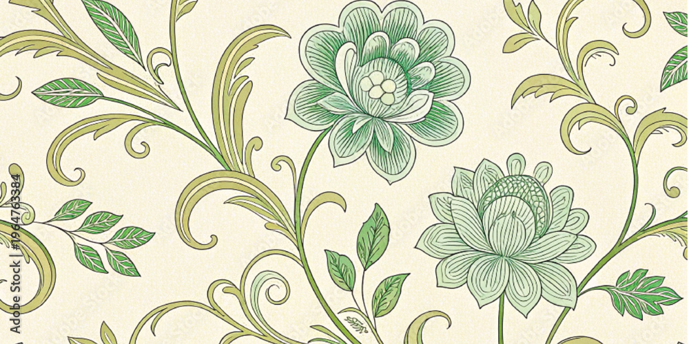 Fototapeta premium Abstract Elegant floral vintage pattern in green hues on a soft beige background with texture.
