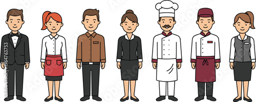 Vector illustration set of diverse hotel and restaurant staff characters including chef waiter waitress and receptionist in professional uniforms