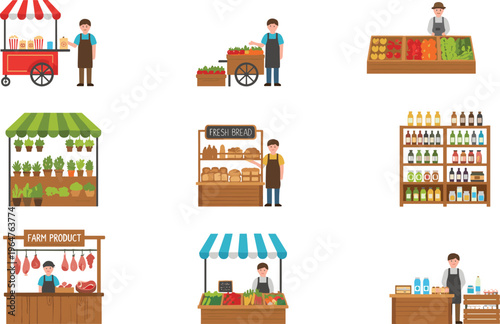 Vector illustration set of various street market stalls including fresh bread vegetables meat and dairy products with friendly vendors characters