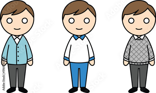 Young man character vector set wearing business casual outfits including cardigan polo shirt and sweater for corporate office fashion