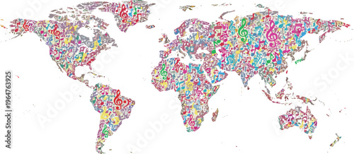 World map made of colorful musical notes in creative vector illustration symbolizing global music and cultural harmony