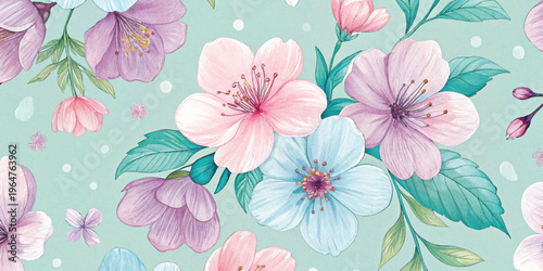 Abstract vibrant floral pattern featuring soft pastel flowers on a mint background with texture.