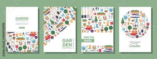 Garden poster templates. Flyer with garden tools and copy space. Banner with gardening instruments. Set of card layouts. Collection horticulture vertical backgrounds. Vector illustration. Flat design