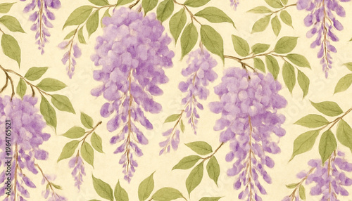 Abstract Beautiful floral pattern featuring cascading wisteria in shades of purple and green against a soft, warm background with texture.