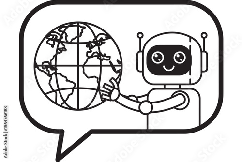 Robot talking with globe in speech bubble, smiling and gesturing with hand in black line art featuring illustration, cartoon, technology with