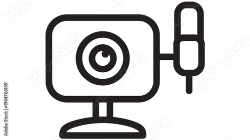 Webcam icon with microphone attachment for video recording and online streaming featuring camera, graphic, illustration with vector and black