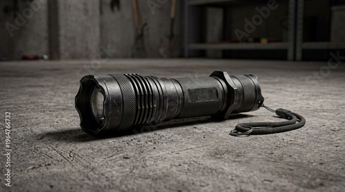 Durable black tactical flashlight with a textured metal body and wrist strap resting on a rough concrete floor, ideal for outdoor adventures.