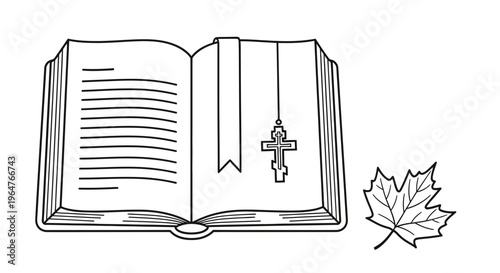 Open book with a cross bookmark and a maple leaf illustration