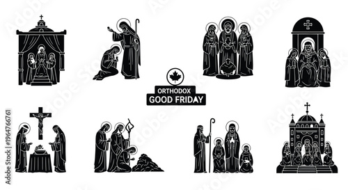 Orthodox good friday icons depicting religious scenes and architectural elements