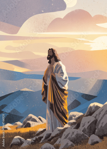 Christ. Christian faith and hope concept. Jesus Christ standing on a rocky mountain peak at sunrise. Inspiring religious illustration for Easter, prayer, and spiritual guidance with glowing sunset sky