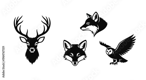 Majestic deer head, cunning fox, and soaring owl graphic vector silhouettes. Wildlife animal illustrations for emblems and design.