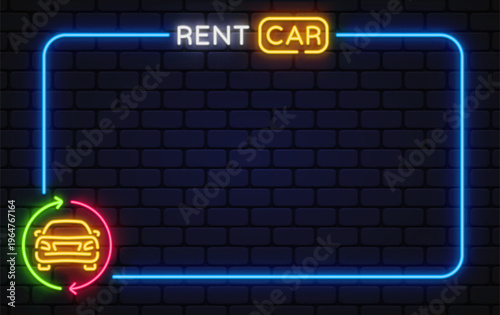 Neon rent car sign with vehicle icon on brick background. Bright colors create modern transport and travel service atmosphere.