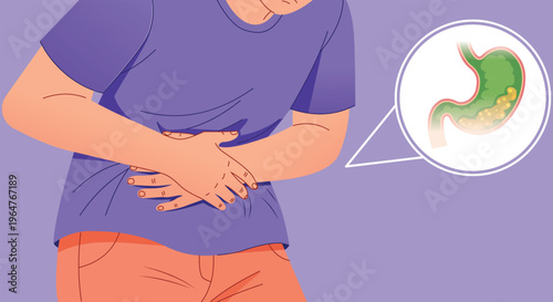 Person holding stomach in pain with stomach organ highlighted showing indigestion or stomach ache illness