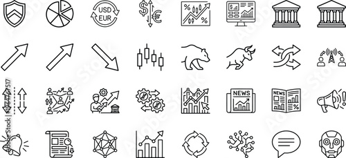 Digital banking and stock market trading platform outline icons