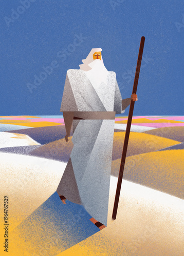 Journey of faith of the biblical patriarch Abraham. Modern graphic illustration of the Torah prophet walking with a staff through a colorful abstract desert landscape.