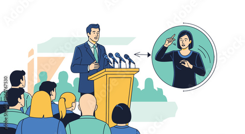 Illustration of public speaker with sign language interpreter.