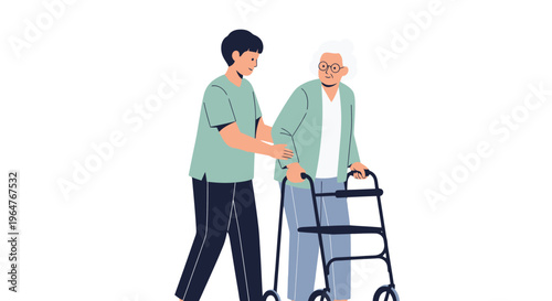 Young caregiver assisting elderly man with walker.