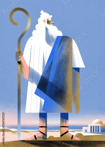 Spiritual leadership of Abraham the shepherd prophet. Textured flat illustration of the biblical patriarch holding a staff by the sea, representing Torah history and divine guidance. Abraham