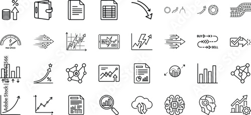 Market data analytics and document management outline icons